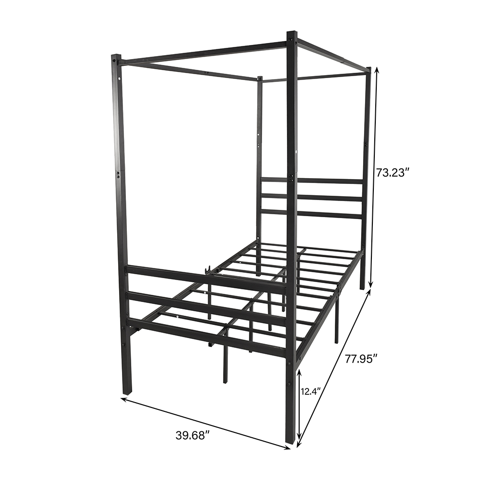 Twin-Size Canopy Platform Bed Frame with 4 Pillars and Metal Slats Support, No Box Spring Needed (Only Frame) - Black