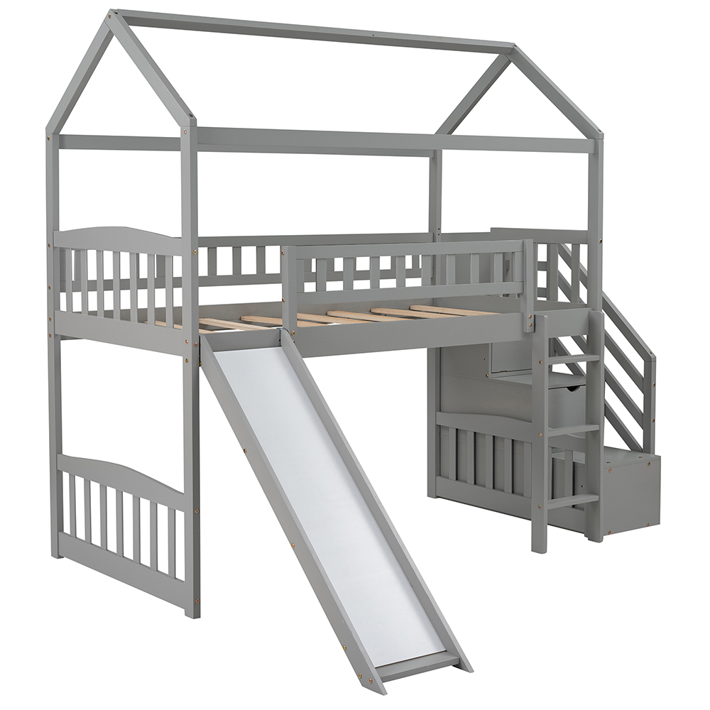 Twin-Size House-shaped Loft Bed Frame with Storage Stairs, Slide, and Wooden Slats Support, for Kids, Teens, Boys, Girls (Frame Only) - Gray