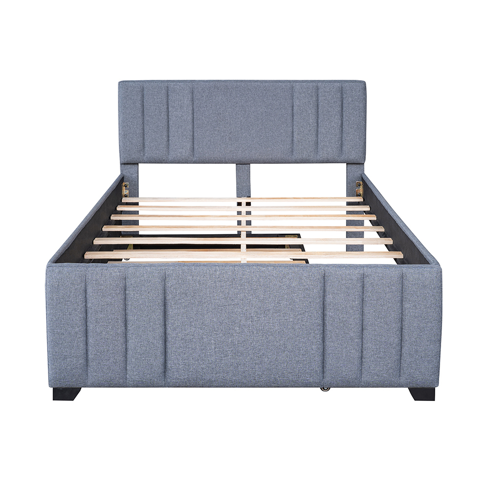 Full-Size Upholstered Platform Bed Frame with Trundle Bed, and Wooden Slats Support, No Box Spring Needed (Only Frame) - Gray