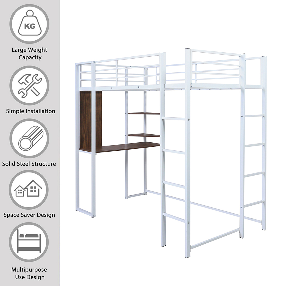 Twin-Size Loft Bed Frame with Desk, Storage Shelves, Ladder, and Metal Slats Support, for Kids, Teens, Boys, Girls (Frame Only) - White