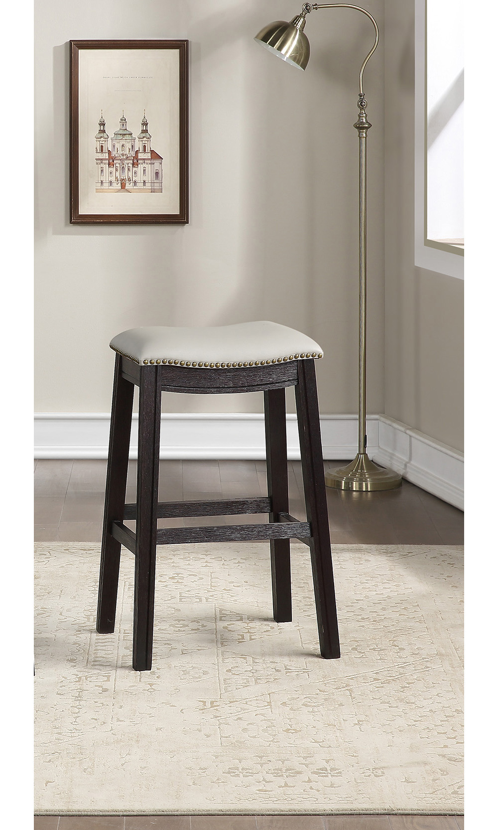 29"H PU Upholstered Dining Stool Set of 2, with Nailhead Trim, and Wooden Frame, for Restaurant, Cafe, Tavern, Office, Living Room - Gray