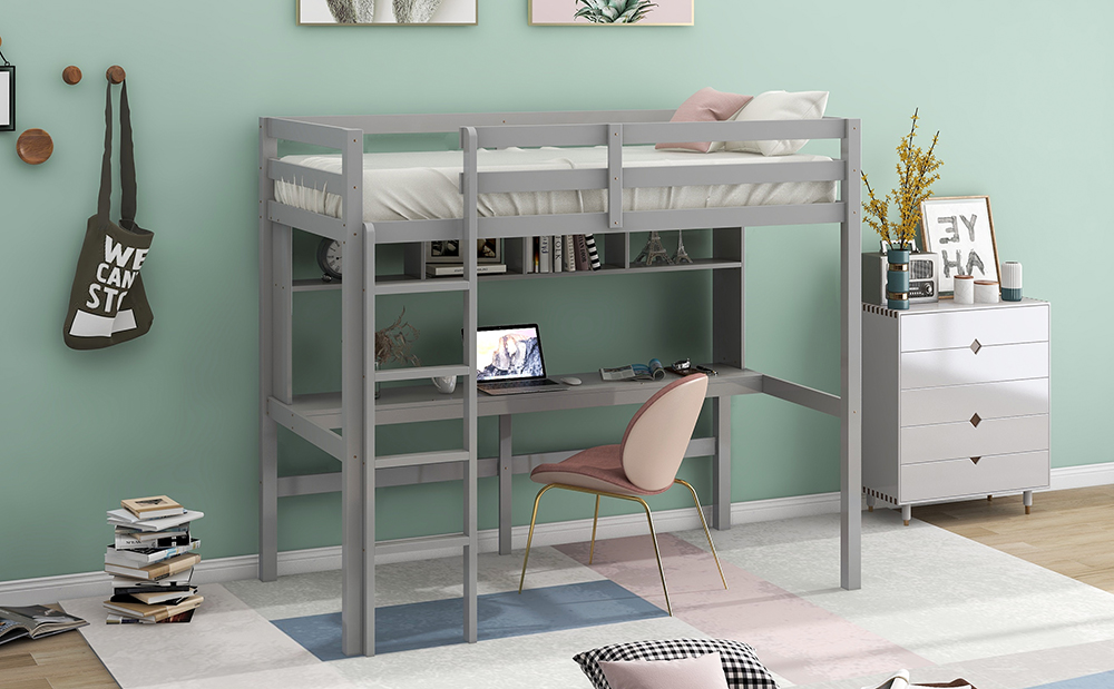 Twin-Size Loft Bed Frame with Desk, Storage Shelves, Ladder, and Wooden Slats Support, for Kids, Teens, Boys, Girls (Frame Only) - Gray