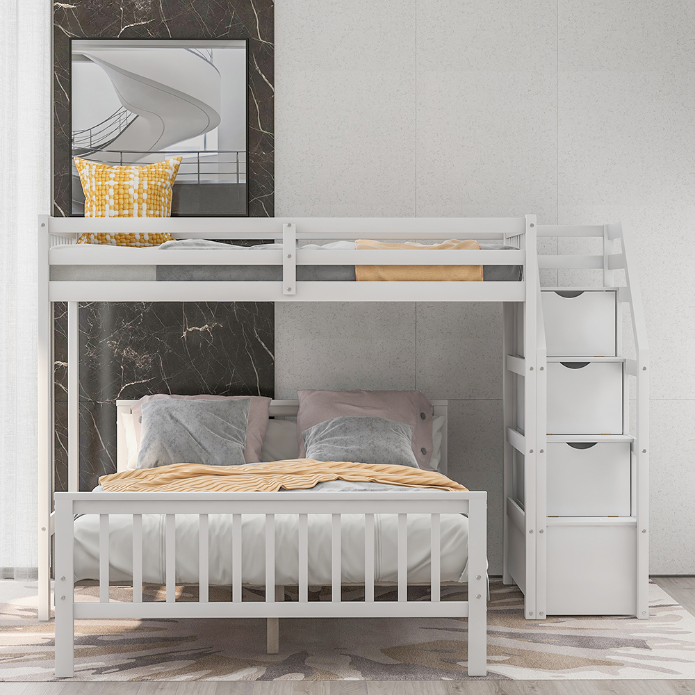 Twin-Over-Full Size Separable Bunk Bed Frame with Storage Stairs, and Wooden Slats Support, No Spring Box Required, for Kids, Teens (Frame Only) - White