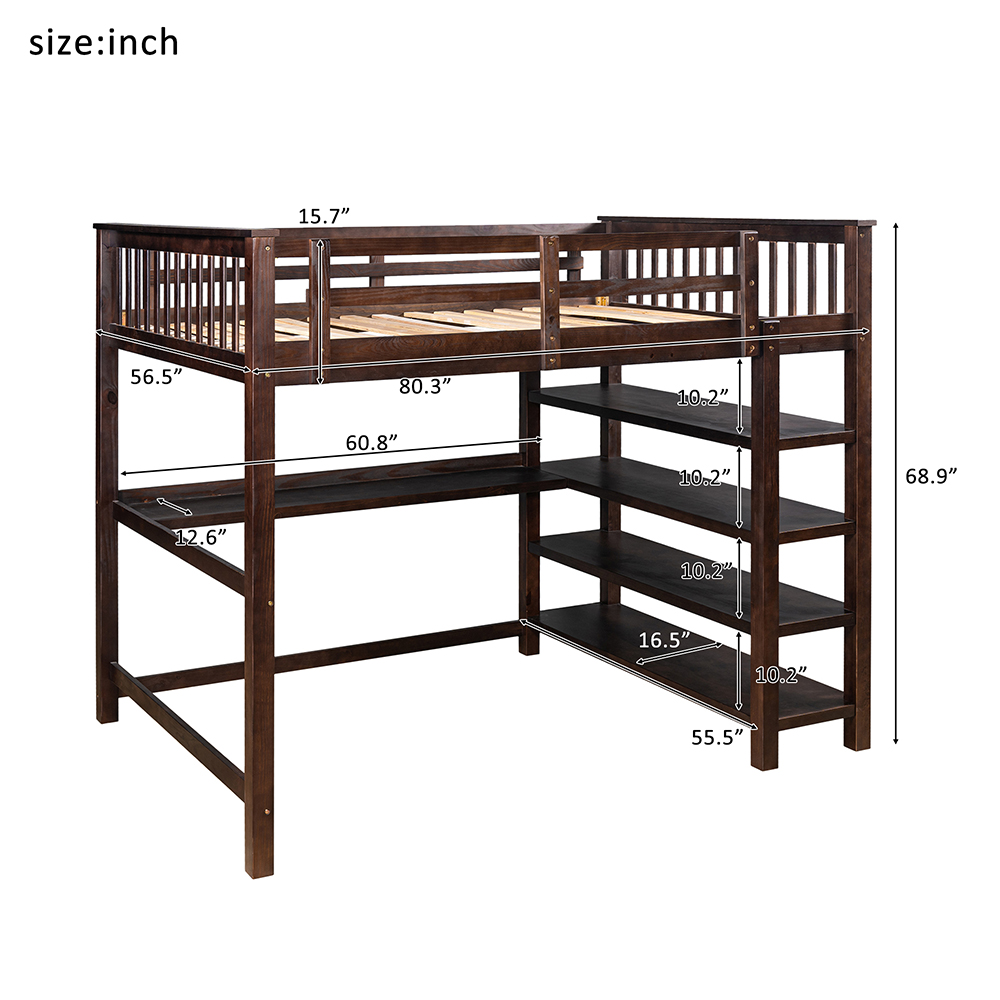 Full-Size Loft Bed Frame with Desk, Storage Shelves, Ladder, and Wooden Slats Support, for Kids, Teens, Boys, Girls (Frame Only) - Espresso