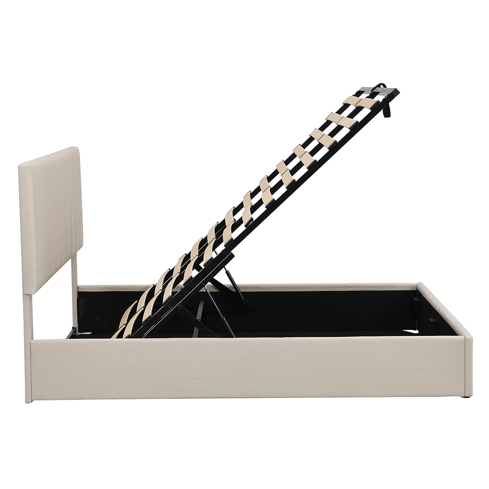 Queen-Size Linen Upholstered Platform Bed Frame with Hydraulic Storage System and Wooden Slats Support, No Box Spring Needed (Only Frame) - Beige