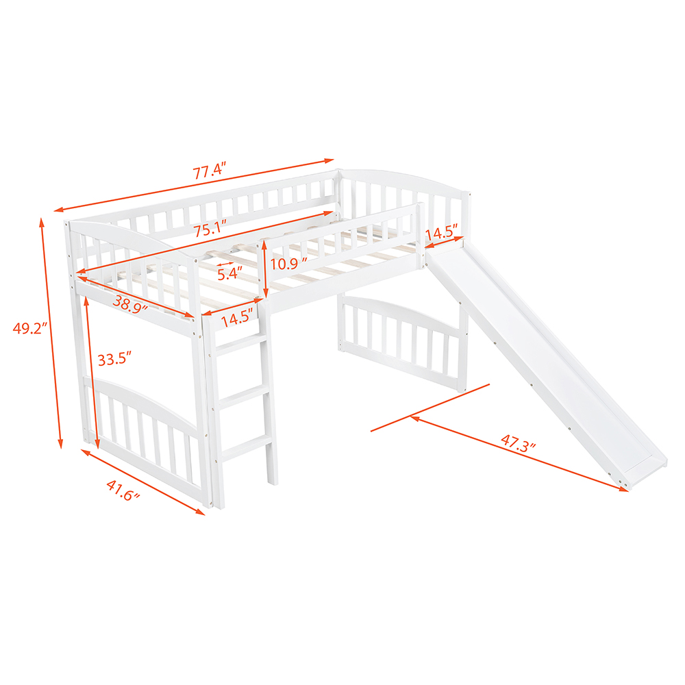 Twin-Size Loft Bed Frame with Slide, Ladder, and Wooden Slats Support, for Kids, Teens, Boys, Girls (Frame Only) - White