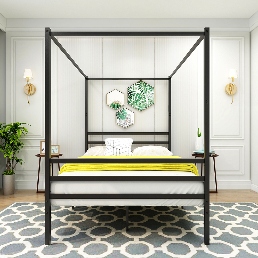 Full-Size Canopy Platform Bed Frame with 4 Pillars and Metal Slats Support, No Box Spring Needed (Only Frame) - Black