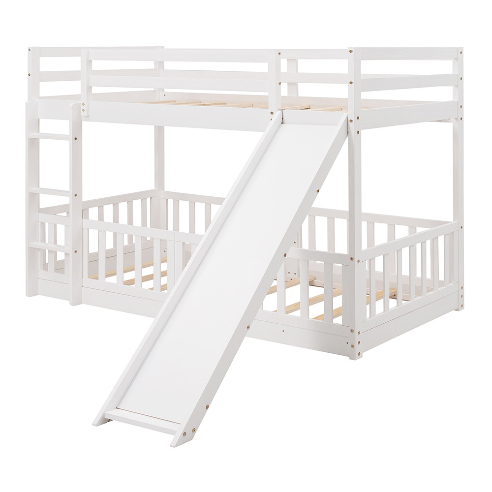 Twin-Over-Twin Size Bunk Bed Frame with Fences, Slide, Ladder, and Wooden Slats Support, No Spring Box Required, for Kids, Teens (Frame Only) - White