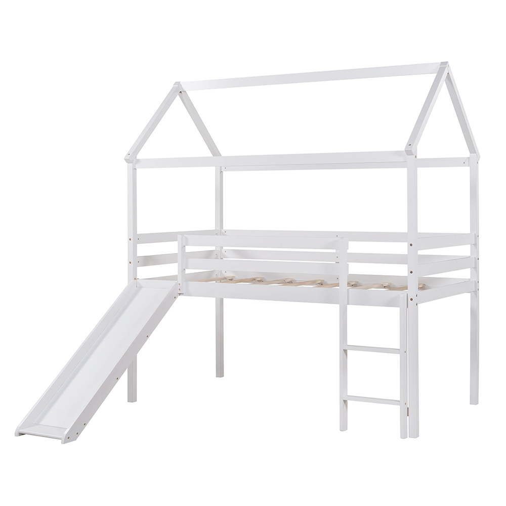 Twin-Size House-shaped Loft Bed Frame with Ladder, Slide, and Wooden Slats Support, for Kids, Teens, Boys, Girls (Frame Only) - White