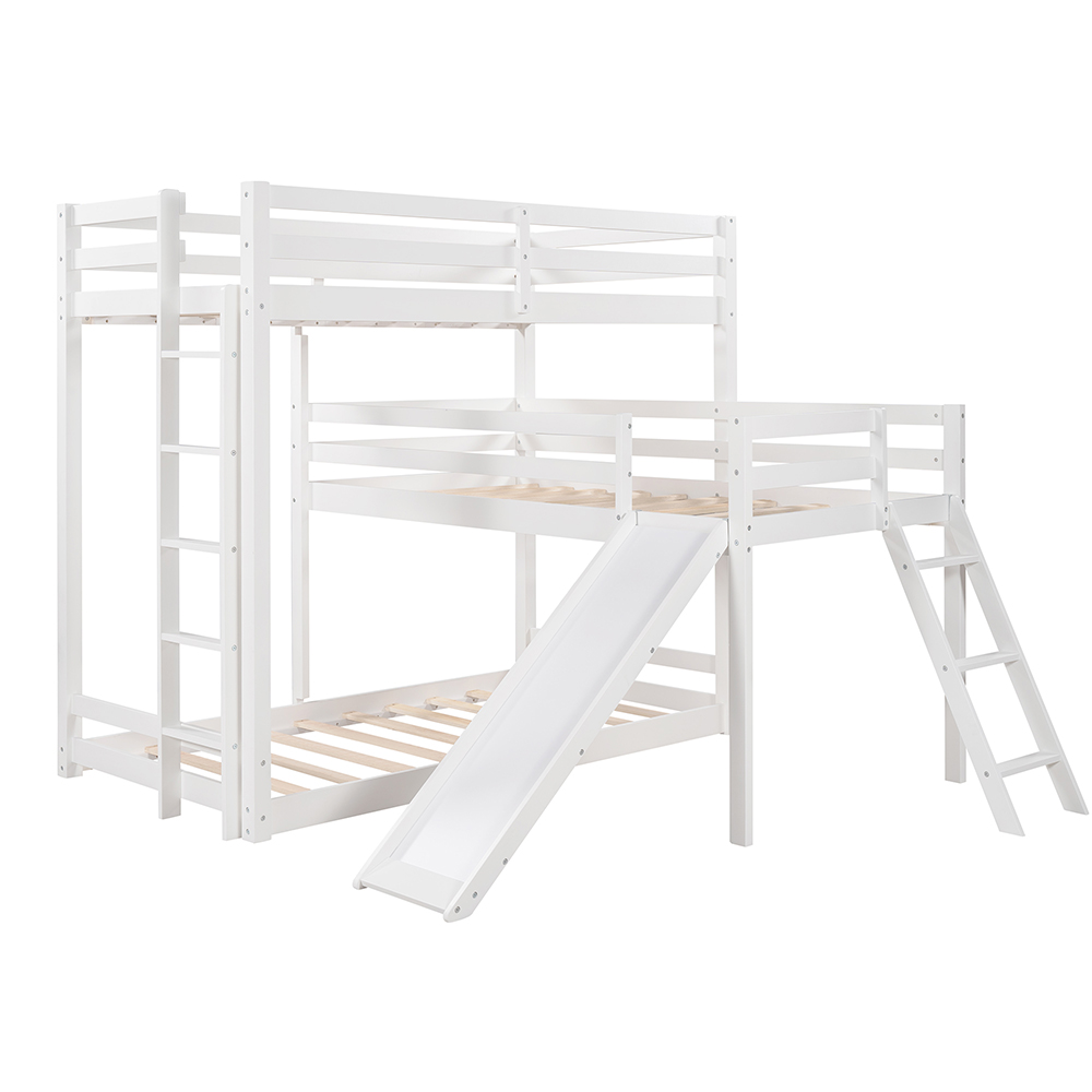 Twin-Over-Twin Size L-shaped Bunk Bed Frame with Loft Bed, Ladder, Slide, and Wooden Slats Support, No Spring Box Required, for Kids, Teens, Boys, Girls (Frame Only) - White