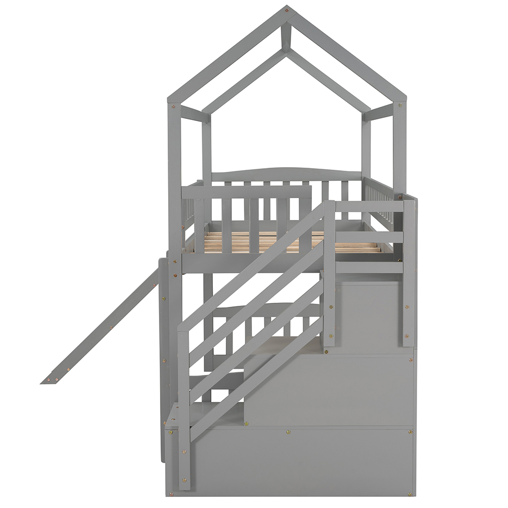 Twin-Size House-shaped Loft Bed Frame with Storage Stairs, Slide, and Wooden Slats Support, for Kids, Teens, Boys, Girls (Frame Only) - Gray