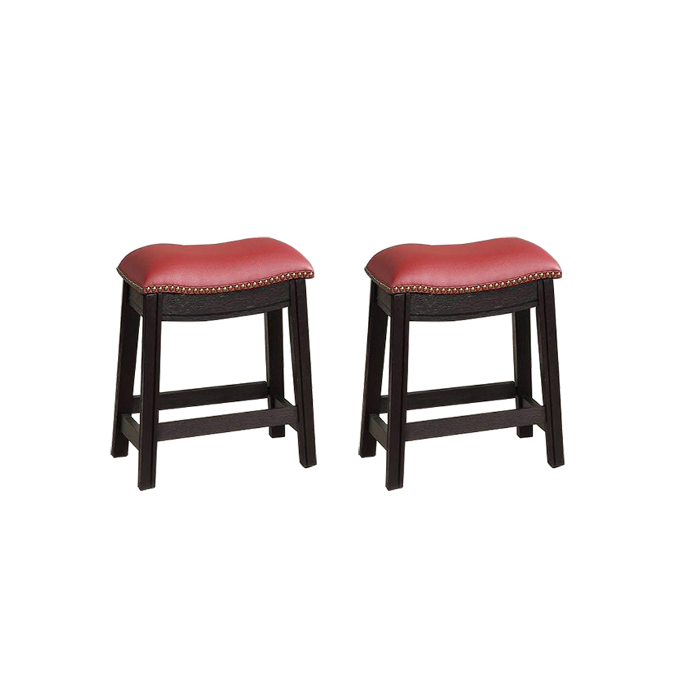 18"H PU Upholstered Dining Stool Set of 2, with Nailhead Trim, and Wooden Frame, for Restaurant, Cafe, Tavern, Office, Living Room - Burgundy