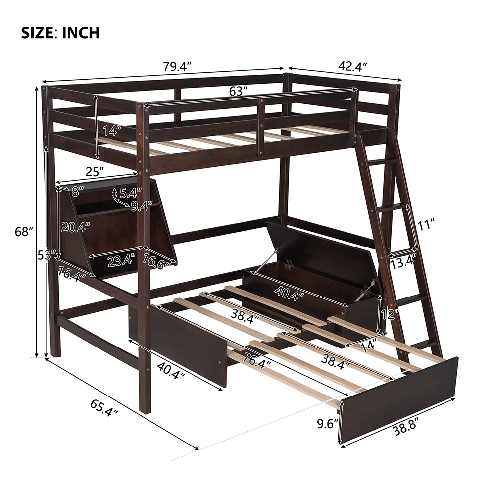 Twin-Size Loft Bed Frame with Convertible Lower Bed, Storage Box, Shelf, Ladder, and Wooden Slats Support, for Kids, Teens, Boys, Girls (Frame Only) - Espresso