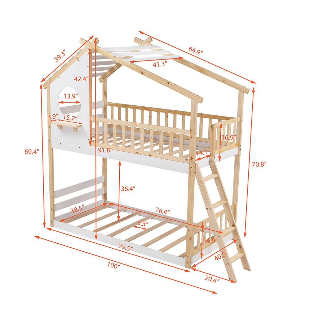 Twin-Over-Twin Size House-shaped Bunk Bed Frame with Roof, Ladder, and Wooden Slats Support, No Spring Box Required, for Kids, Teens (Frame Only) - Natural