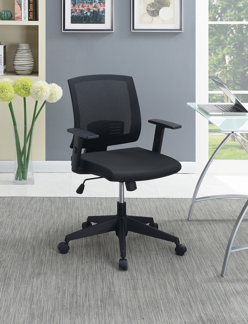 Modern Leisure Swivel Chair Height Adjustable with Curved Mesh Backrest and Casters for Living Room, Bedroom, Dining Room, Office - Black