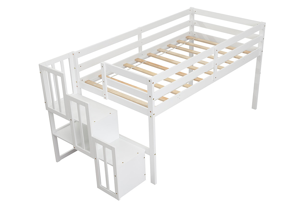 Twin-Size Loft Bed Frame with Storage Stairs, and Wooden Slats Support, for Kids, Teens, Boys, Girls (Frame Only) - White