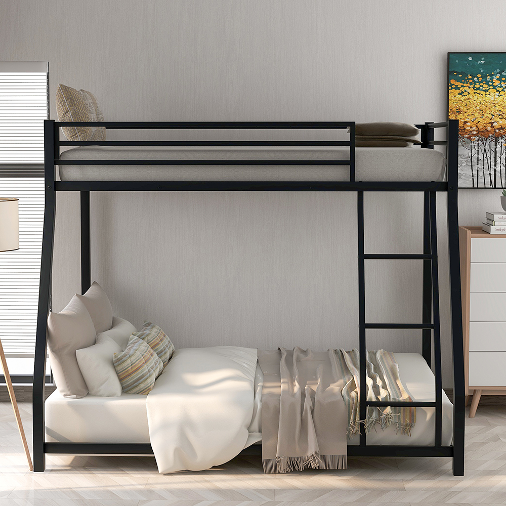 Twin-Over-Full Size Bunk Bed Frame with Ladder, and Metal Slats Support, No Spring Box Required (Frame Only) - Black