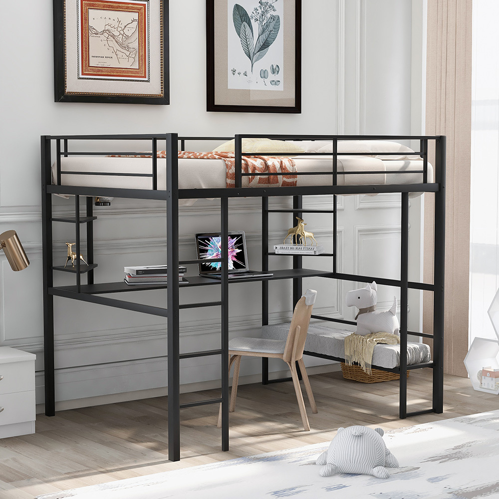 Full-Size Loft Bed Frame with Ladder, Desk, Storage Shelves, and Steel Slats Support, for Kids, Teens, Boys, Girls (Frame Only) - Black