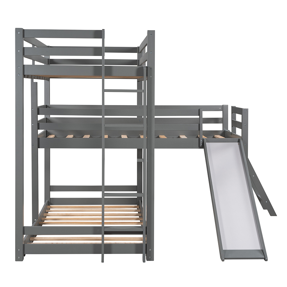 Twin-Over-Twin Size L-shaped Bunk Bed Frame with Loft Bed, Ladder, Slide, and Wooden Slats Support, No Spring Box Required, for Kids, Teens, Boys, Girls (Frame Only) - Gray