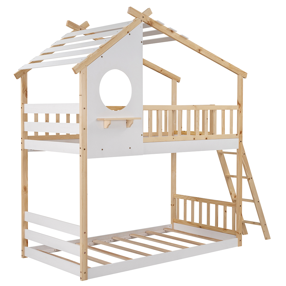 Twin-Over-Twin Size House-shaped Bunk Bed Frame with Roof, Ladder, and Wooden Slats Support, No Spring Box Required, for Kids, Teens (Frame Only) - Natural