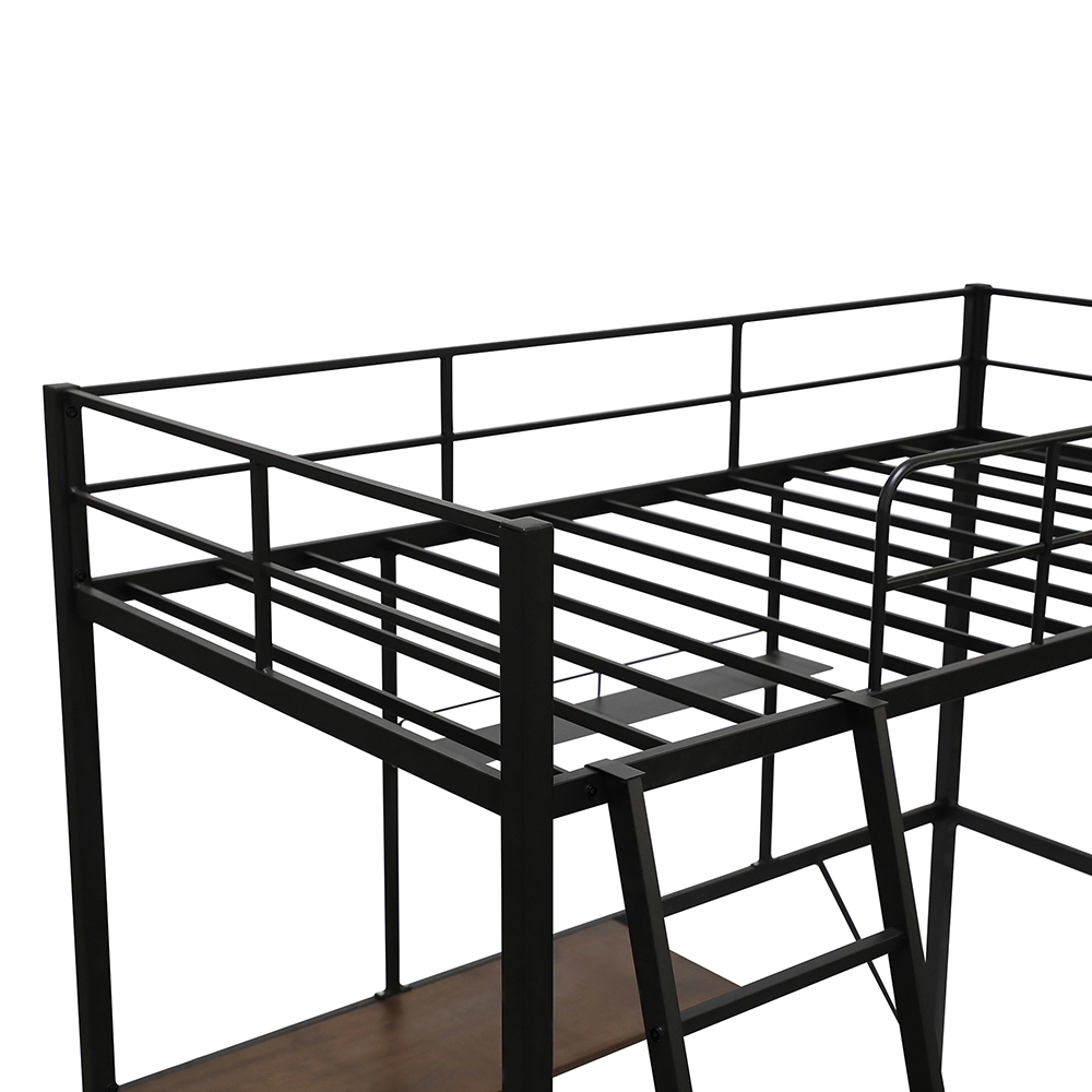 Twin-Size Loft Bed Frame with Ladder, Desk, Storage Shelf, and Metal Slats Support, for Kids, Teens, Boys, Girls (Frame Only) - Black