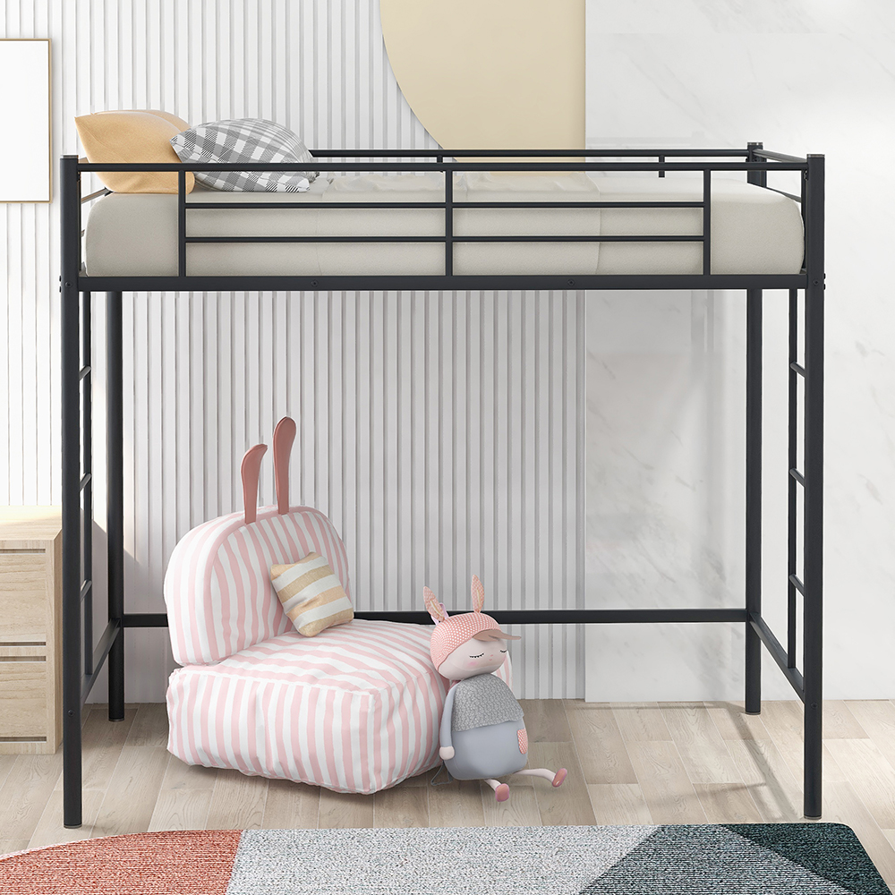 Twin-Size Loft Bed Frame with Guardrail, Two-Side Ladders, and Steel Slats Support, No Box Spring Needed (Only Frame) - Black