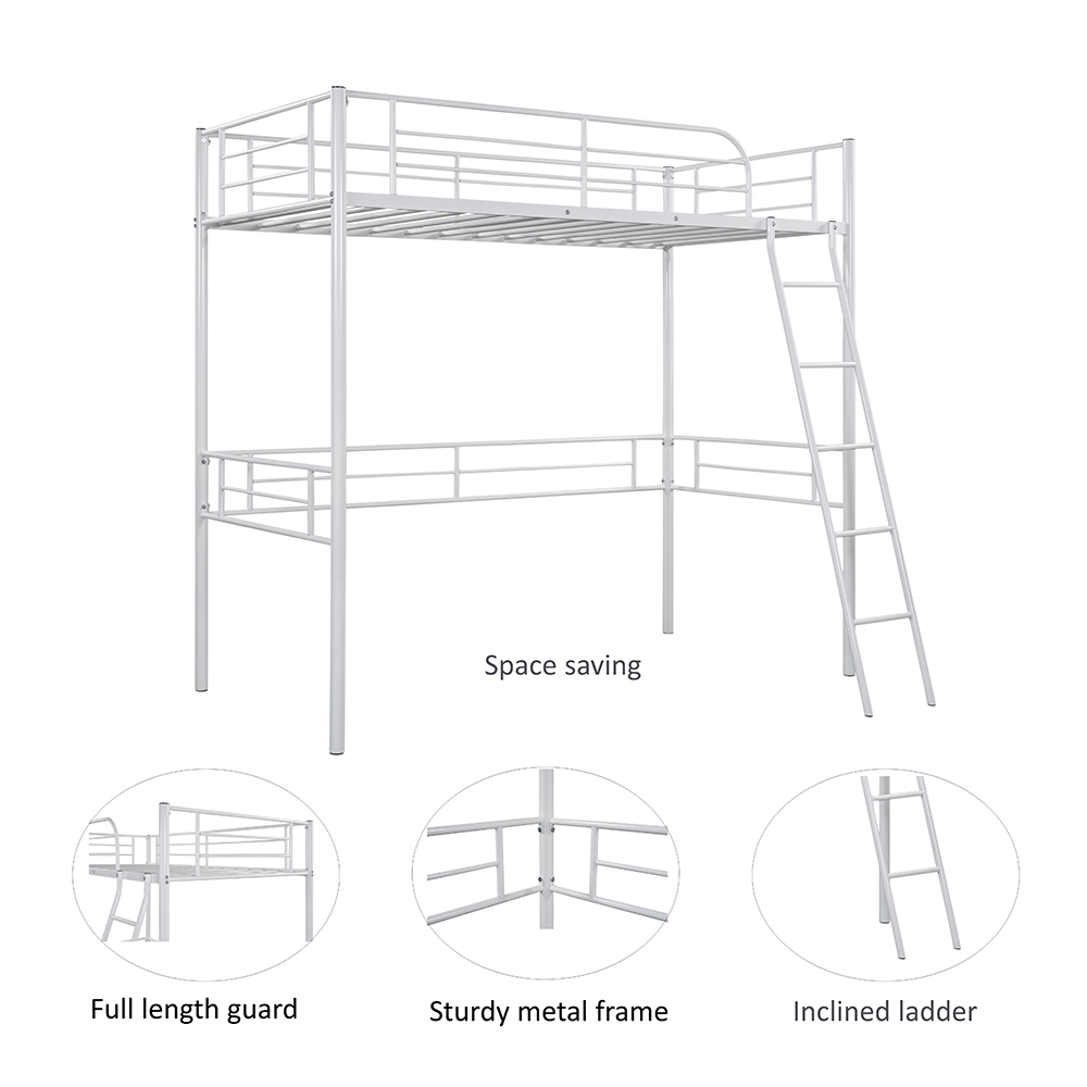 Twin-Size Loft Bed Frame with Ladder, and Steel Slats Support, for Kids, Teens, Boys, Girls (Frame Only) - White