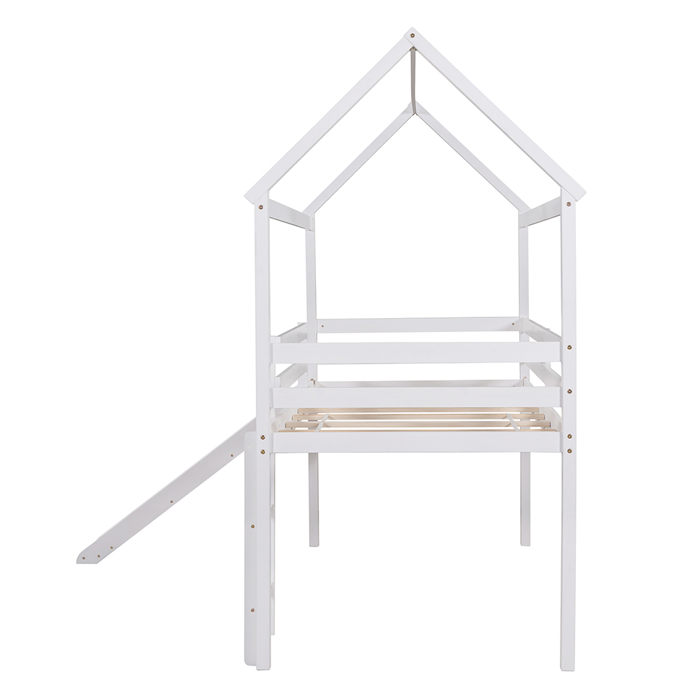 Twin-Size House-shaped Loft Bed Frame with Ladder, Slide, and Wooden Slats Support, for Kids, Teens, Boys, Girls (Frame Only) - White