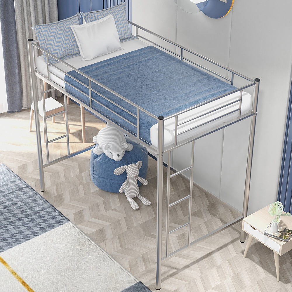 Twin-Size Loft Bed Frame with Guardrail, Two-Side Ladders, and Steel Slats Support, No Box Spring Needed (Only Frame) - Silver
