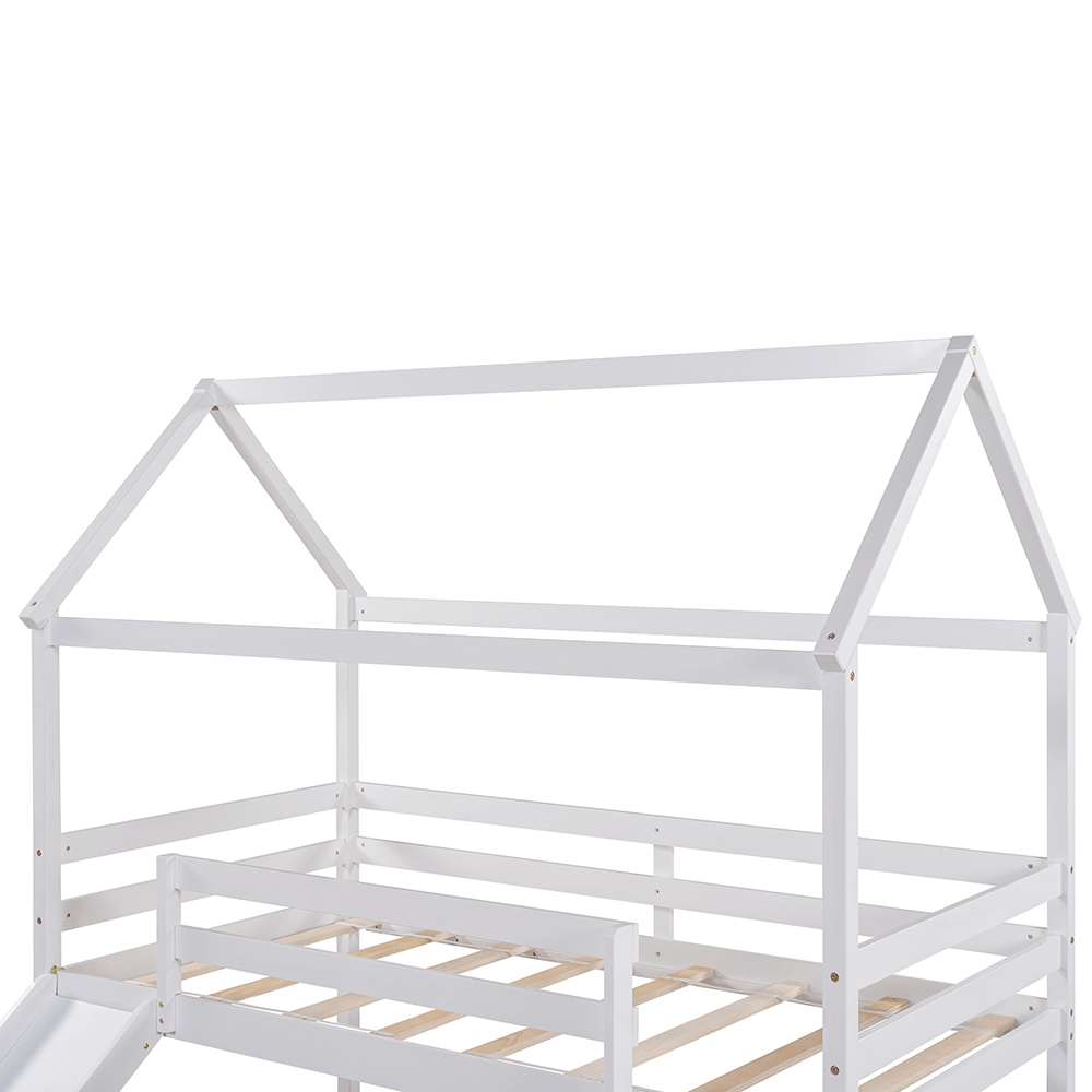 Twin-Size House-shaped Loft Bed Frame with Ladder, Slide, and Wooden Slats Support, for Kids, Teens, Boys, Girls (Frame Only) - White