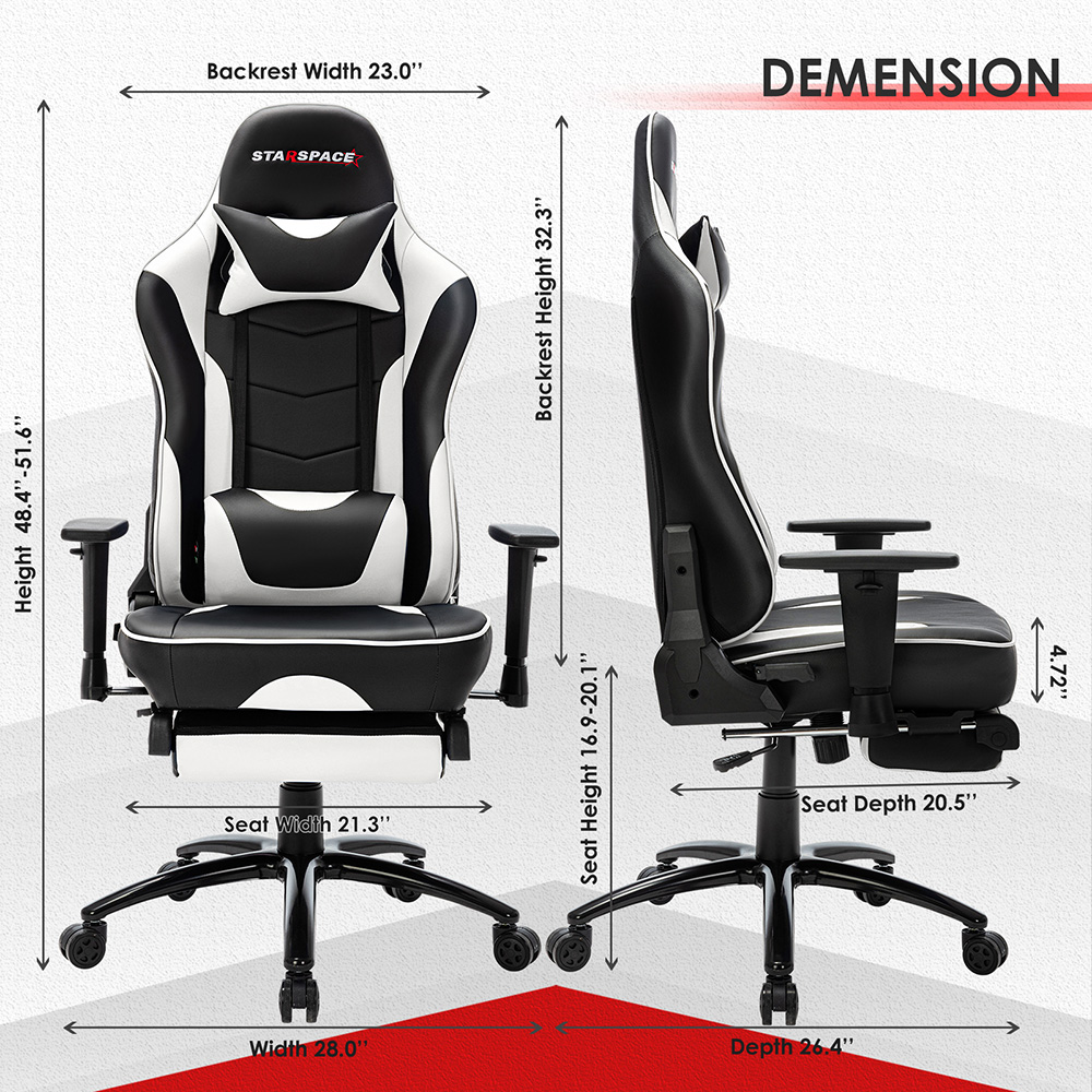 STARSPACE Home Office PU Leather Rotatable Massage Gaming Chair Height Adjustable with Ergonomic High Backrest and Footrest - White