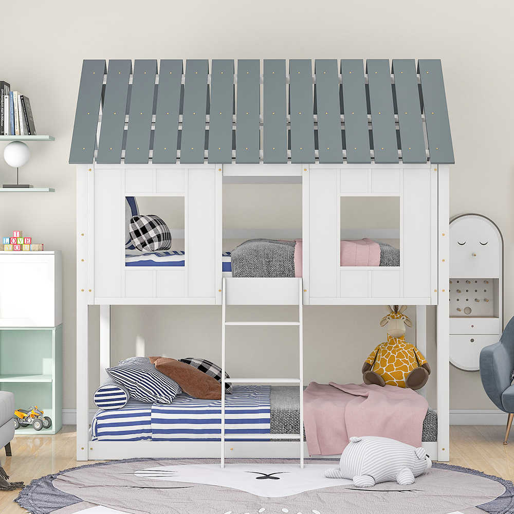 Twin-Over-Twin Size House-shaped Bunk Bed Frame with Ladder, and Wooden Slats Support, No Spring Box Required, for Kids, Teens (Frame Only) - White