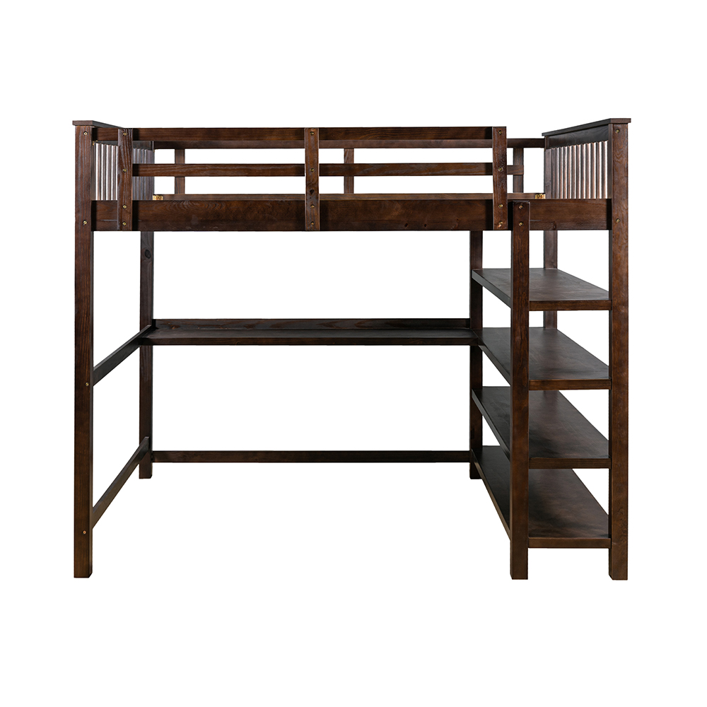 Full-Size Loft Bed Frame with Desk, Storage Shelves, Ladder, and Wooden Slats Support, for Kids, Teens, Boys, Girls (Frame Only) - Espresso