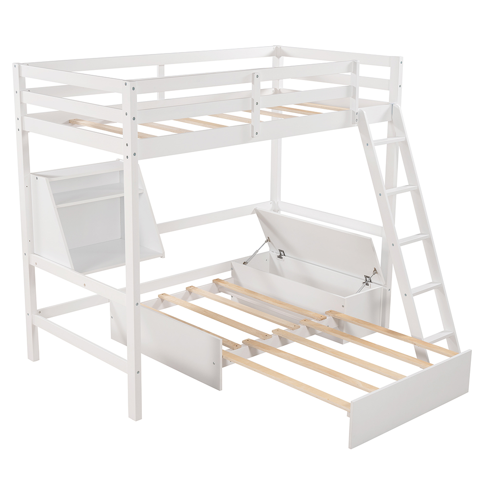 Twin-Size Loft Bed Frame with Convertible Lower Bed, Storage Box, Shelf, Ladder, and Wooden Slats Support, for Kids, Teens, Boys, Girls (Frame Only) - White