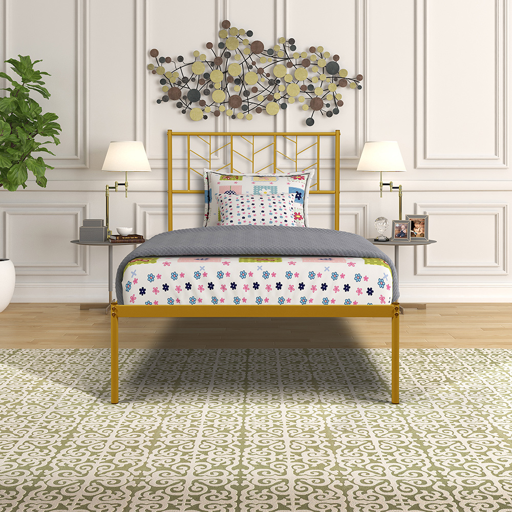 Twin-Size Metal Platform Bed Frame with Headboard and MDF Slats Support, No Box Spring Needed (Only Frame) - Gold