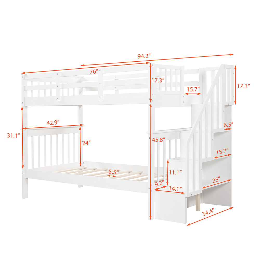 Twin-Over-Twin Size Bunk Bed Frame with Storage Stairs, and Wooden Slats Support, No Spring Box Required, for Kids, Teens, Boys, Girls (Frame Only) - White