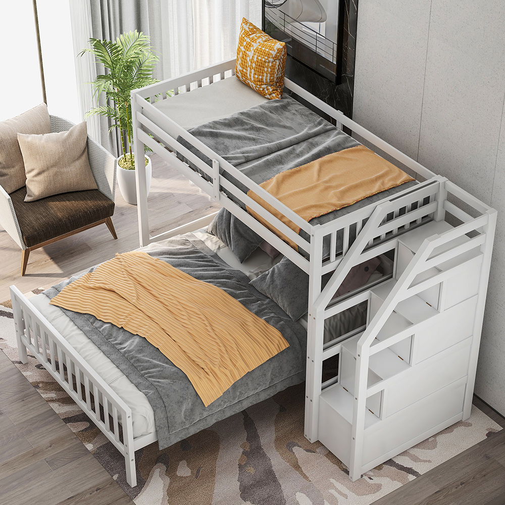 Twin-Over-Full Size Separable Bunk Bed Frame with Storage Stairs, and Wooden Slats Support, No Spring Box Required, for Kids, Teens (Frame Only) - White