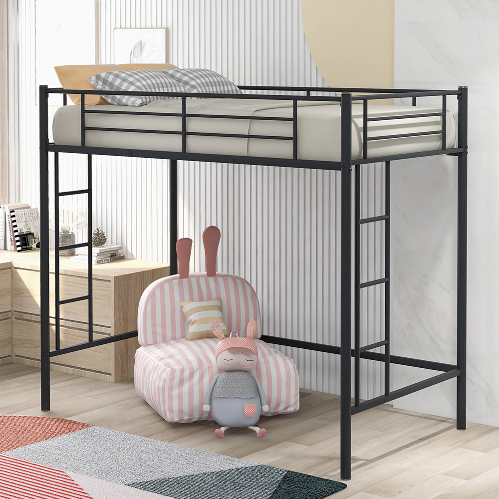 Twin-Size Loft Bed Frame with Guardrail, Two-Side Ladders, and Steel Slats Support, No Box Spring Needed (Only Frame) - Black