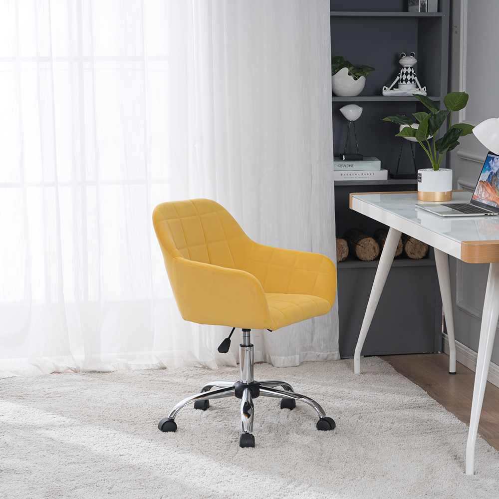 Velvet Upholstered Swivel Chair Height Adjustable with Curved Backrest and Casters for Living Room, Bedroom, Dining Room, Office - Yellow