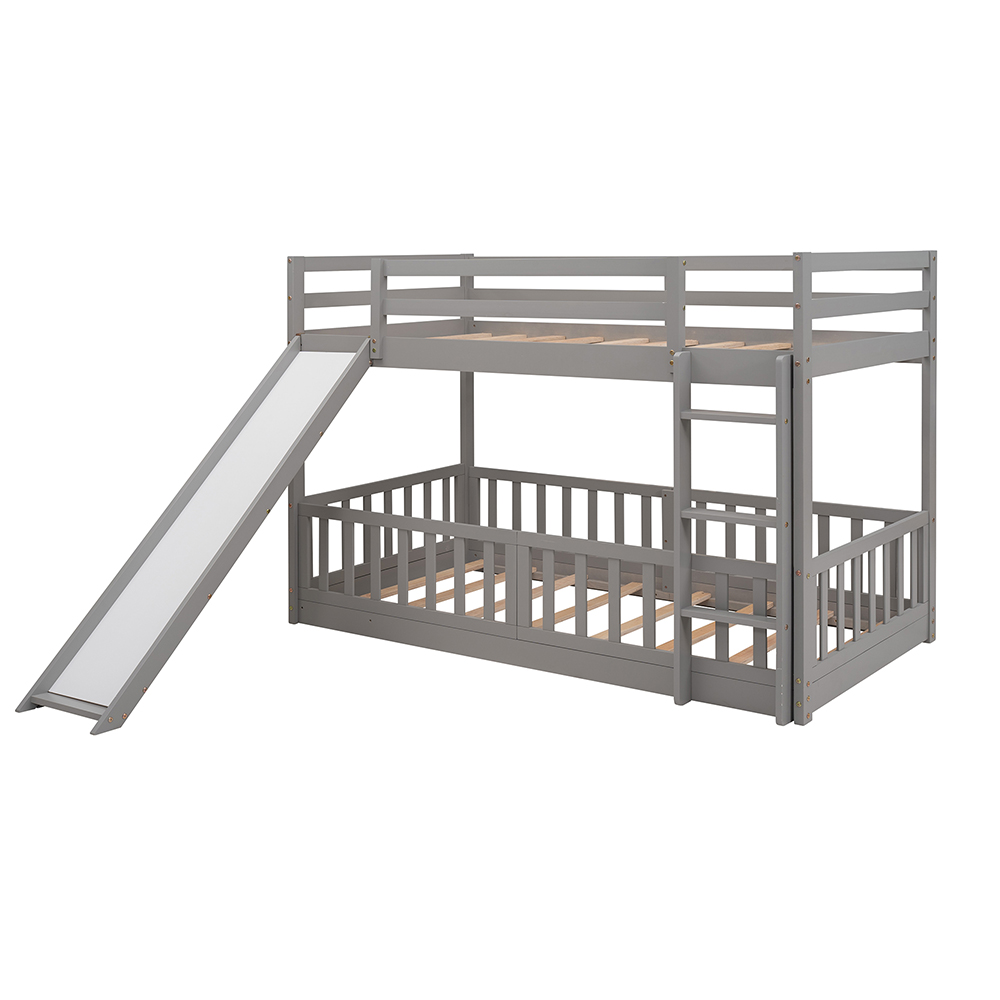 Twin-Over-Twin Size Bunk Bed Frame with Fences, Slide, Ladder, and Wooden Slats Support, No Spring Box Required, for Kids, Teens (Frame Only) - Gray