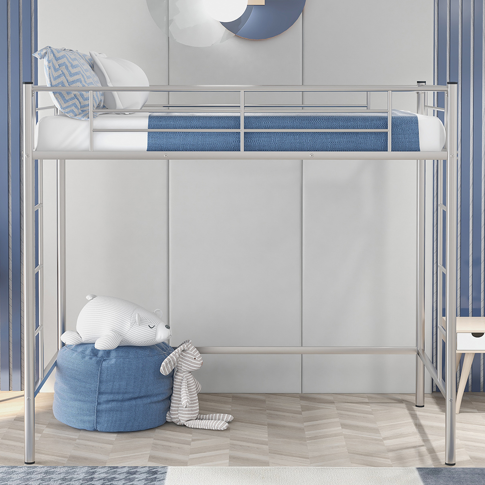 Twin-Size Loft Bed Frame with Guardrail, Two-Side Ladders, and Steel Slats Support, No Box Spring Needed (Only Frame) - Silver
