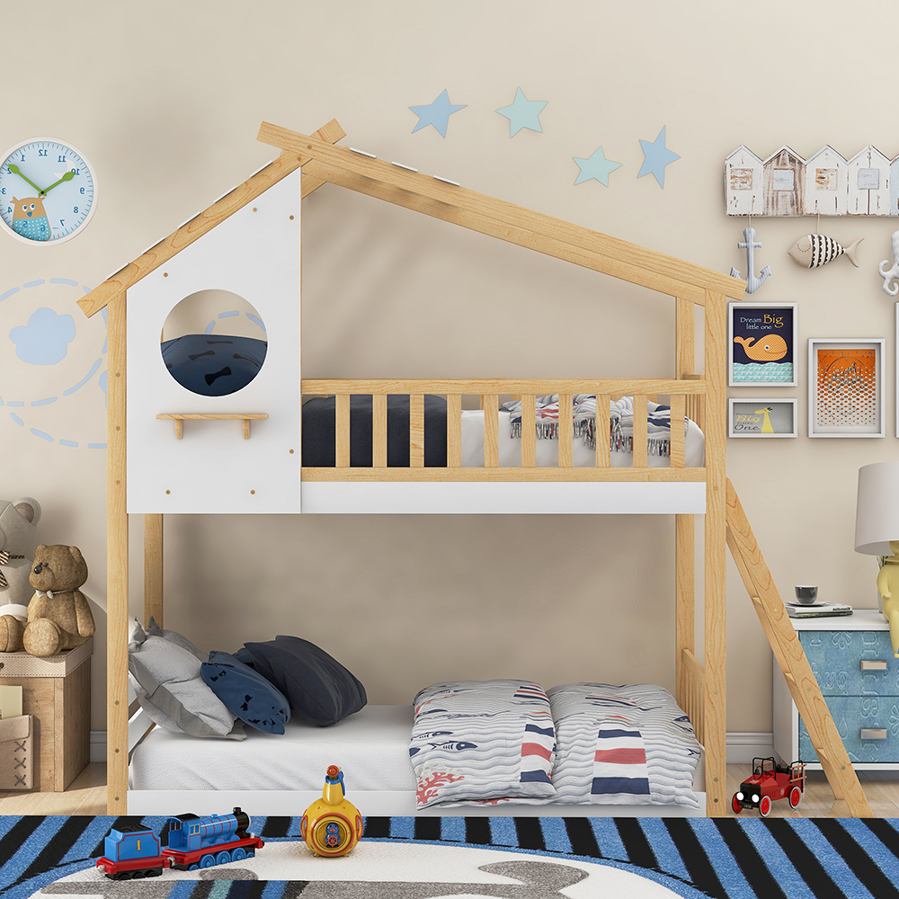 Twin-Over-Twin Size House-shaped Bunk Bed Frame with Roof, Ladder, and Wooden Slats Support, No Spring Box Required, for Kids, Teens (Frame Only) - Natural