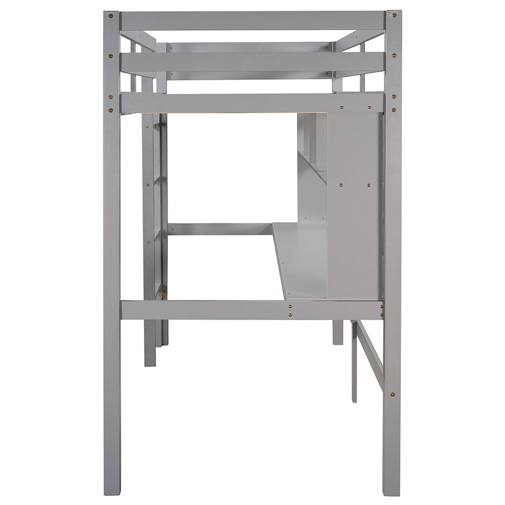 Twin-Size Loft Bed Frame with Desk, Storage Shelves, Ladder, and Wooden Slats Support, for Kids, Teens, Boys, Girls (Frame Only) - Gray