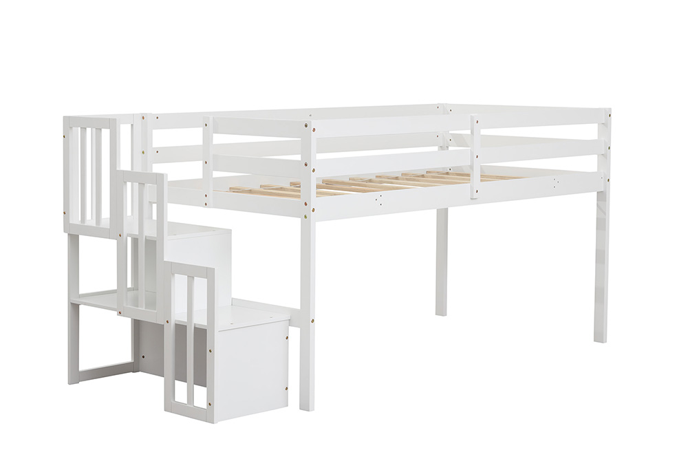 Twin-Size Loft Bed Frame with Storage Stairs, and Wooden Slats Support, for Kids, Teens, Boys, Girls (Frame Only) - White