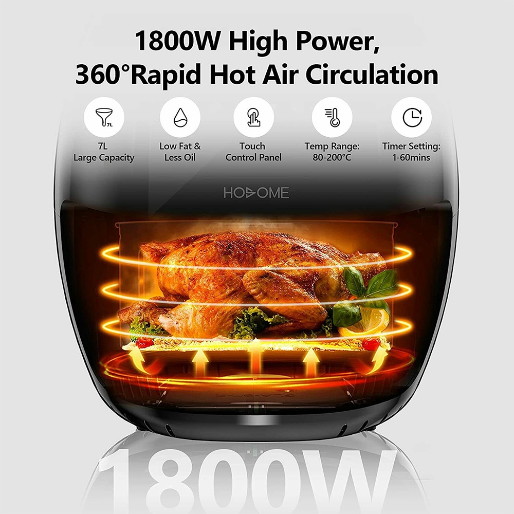 HOSOME YJ-702A Air Fryer 1800W Motor 7L Capacity with LED Touch Screen for Less-oil Grilling, Frying, Baking, and Roasting - Black
