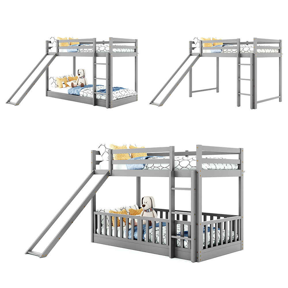 Twin-Over-Twin Size Bunk Bed Frame with Fences, Slide, Ladder, and Wooden Slats Support, No Spring Box Required, for Kids, Teens (Frame Only) - Gray