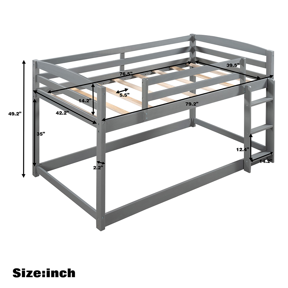 Twin-Over-Twin Size Bunk Bed Frame with Ladder, and Wooden Slats Support, No Spring Box Required, for Kids, Teens, Boys, Girls (Frame Only) - Gray