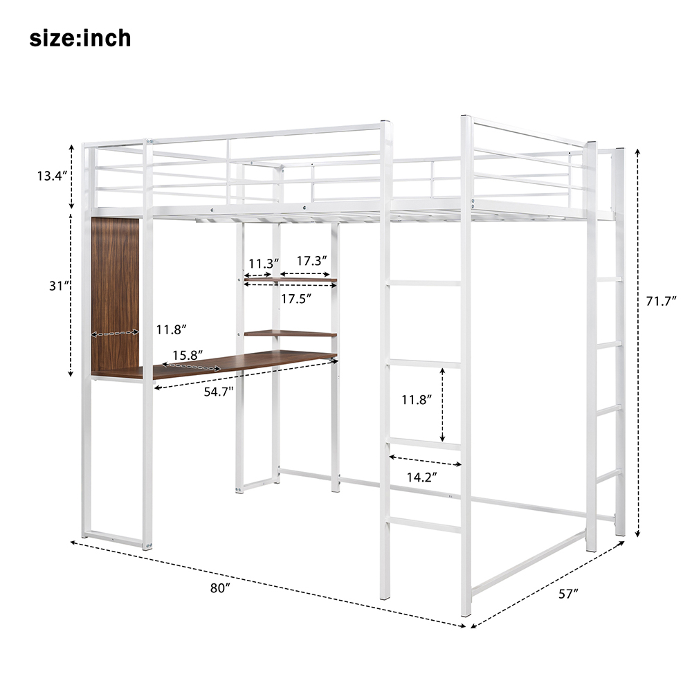 Full-Size Loft Bed Frame with Desk, Storage Shelf, Ladders, and Metal Slats Support, for Kids, Teens, Boys, Girls (Frame Only) - White