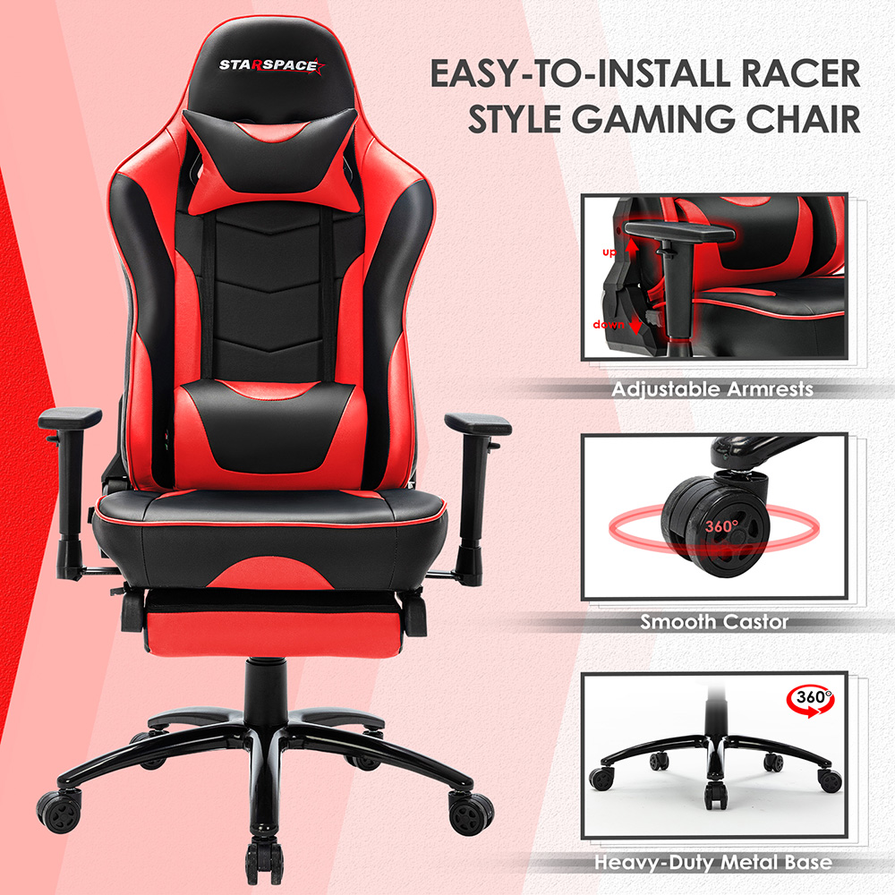 STARSPACE Home Office PU Leather Rotatable Massage Gaming Chair Height Adjustable with Ergonomic High Backrest and Footrest - Red