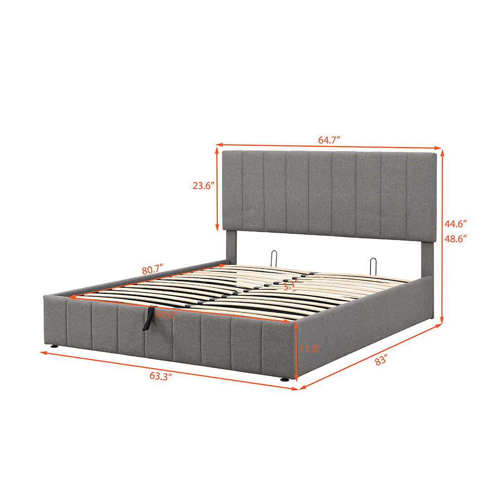 Queen-Size Linen Upholstered Platform Bed Frame with Hydraulic Storage System and Wooden Slats Support, No Box Spring Needed (Only Frame) - Gray